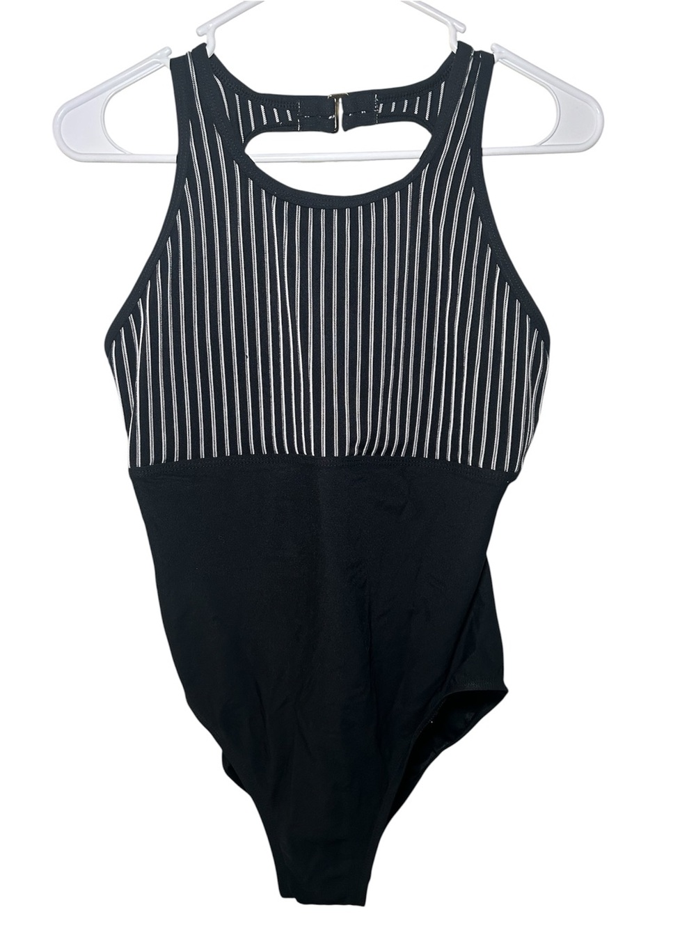 Illusions by Cole Black & White Striped High-Neck One-Piece Womens Swim Suite